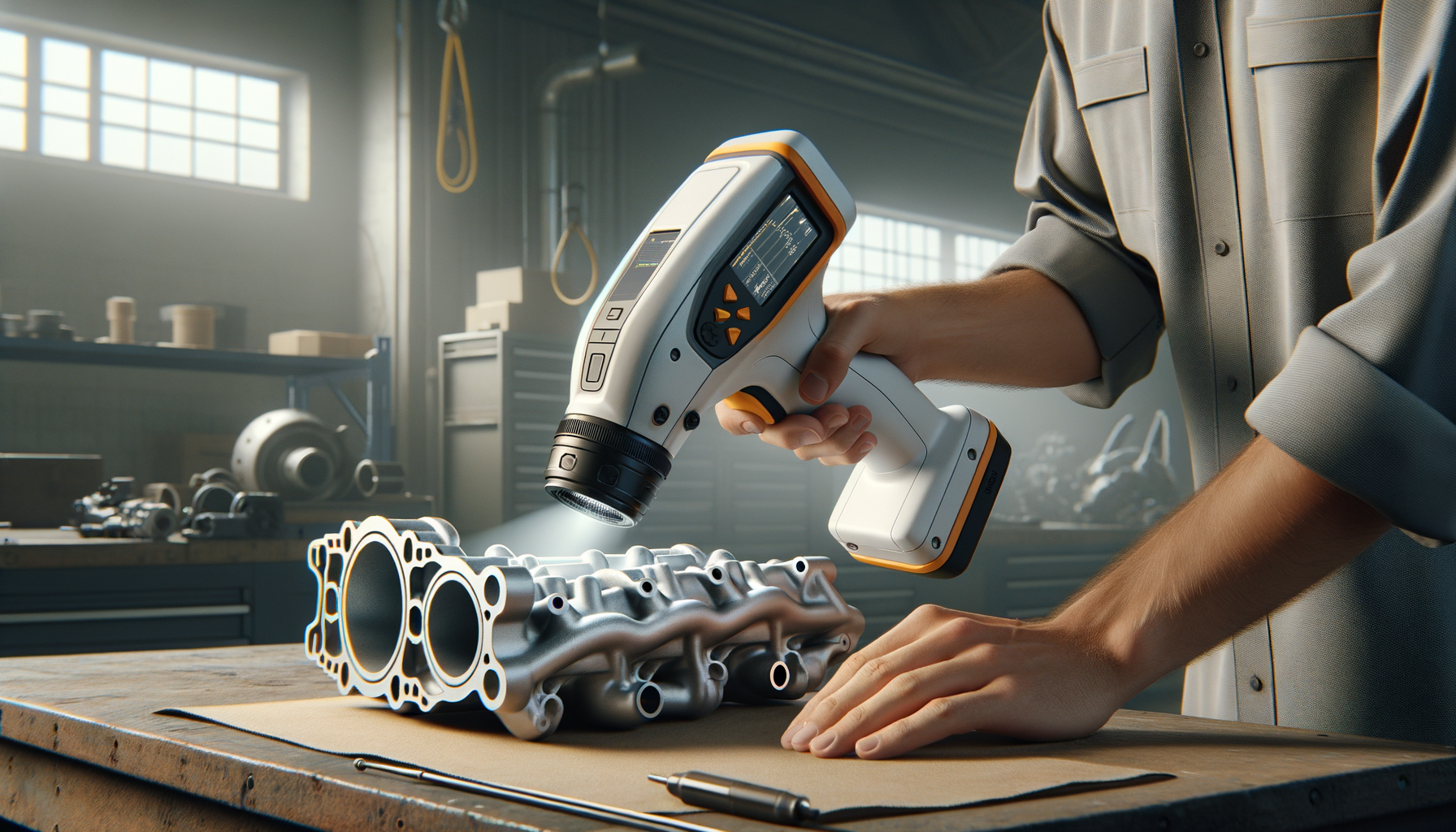 Professional handheld 3D scanner scanning an automotive part